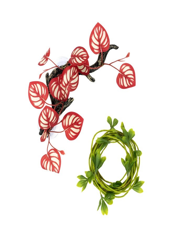CTWPets Reptile Climbing Vine 2-Pack - Resin Driftwood with Suction Cups & Bendy Ivy (Medium-Large 10") for Terrariums, Geckos, Lizards, Snakes, and Reptile Habitats (Crimson Vein) - Image 1